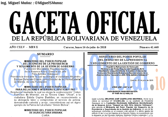 Gaceta Oficial 41440 del 16 julio 2018