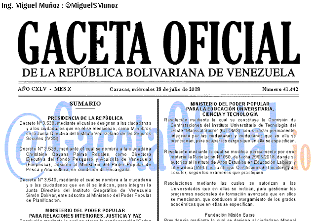 Gaceta Oficial 41442 del 18 julio 2018
