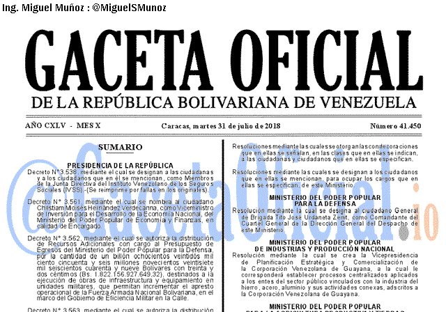 Gaceta Oficial 41450 del 31 julio 2018