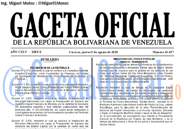 Gaceta Oficial 41457 del 9 Agosto 2018