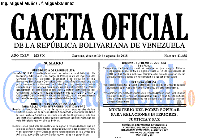 Gaceta Oficial 41458 del 10 Agosto 2018