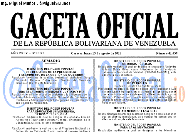 Gaceta Oficial 41459 del 13 Agosto 2018