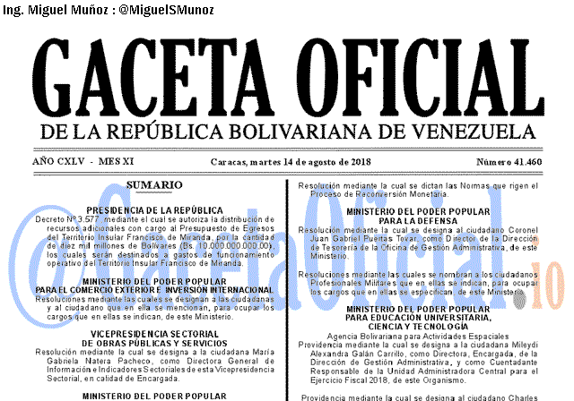 Gaceta Oficial 41460 del 14 Agosto 2018
