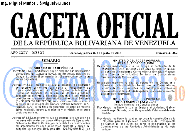 Gaceta Oficial 41462 del 16 Agosto 2018