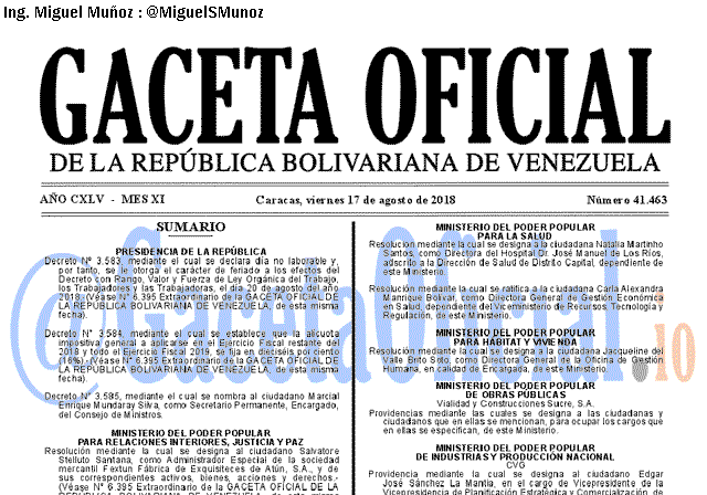 Gaceta Oficial 41463 del 20 Agosto 2018