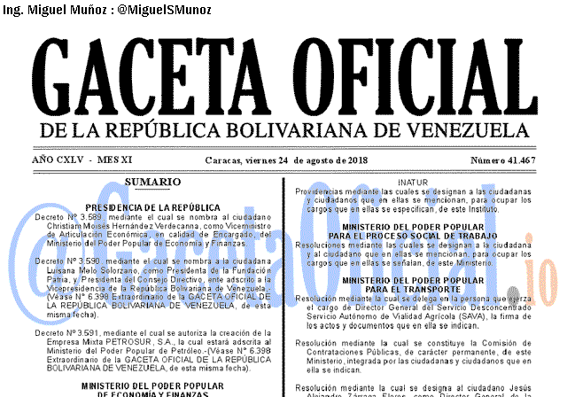 Gaceta Oficial 41467 del 24 Agosto 2018 Gaceta Oficial 41467 del 24 Agosto 2018