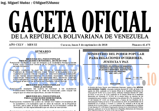 Gaceta Oficial 41473 del 3 Septiembre 2018