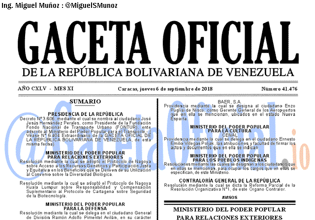 Gaceta Oficial 41476 del 6 Septiembre 2018