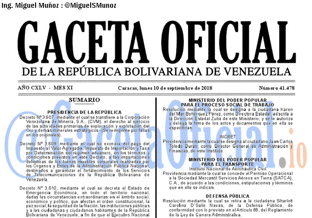 Gaceta Oficial 41478 del 10 Septiembre 2018 Gaceta Oficial 41478 del 10 Septiembre 2018