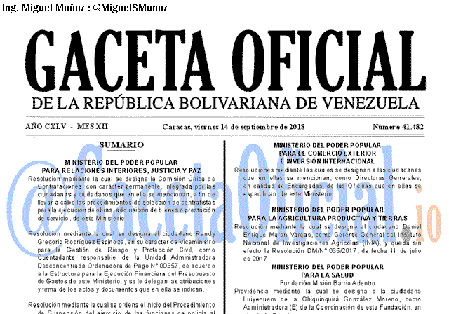 Gaceta Oficial 41482 del 14 Septiembre 2018