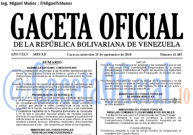 Gaceta Oficial 41485 del 19 Septiembre 2018