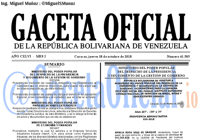 Gaceta Oficial 41505 del 18 Octubre 2018