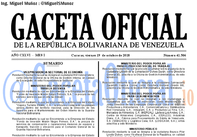 Gaceta Oficial 41506 del 19 Octubre 2018