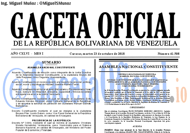 Gaceta Oficial 41508 del 23 Octubre 2018