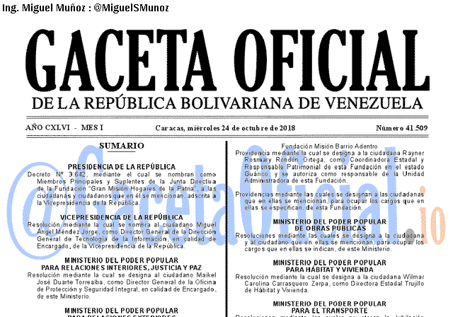 Gaceta Oficial 41509 del 24 Octubre 2018
