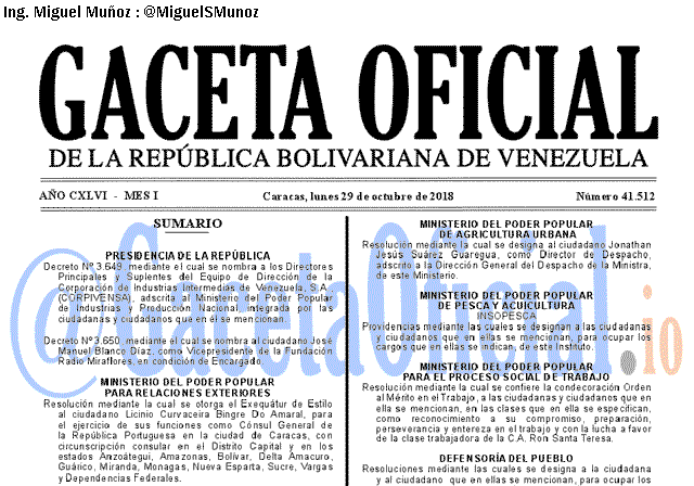 Gaceta Oficial 41512 del 29 Octubre 2018