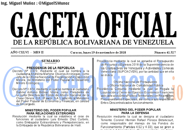 Gaceta Oficial 41527 del 19 Noviembre 2018