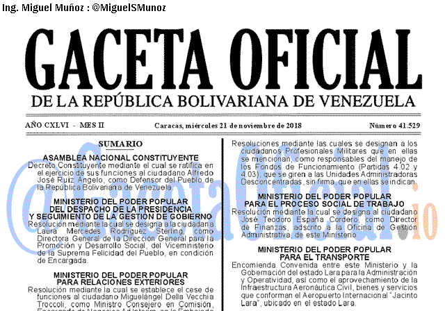 Gaceta Oficial 41529 del 21 Noviembre 2018 Gaceta Oficial 41529 del 21 Noviembre 2018
