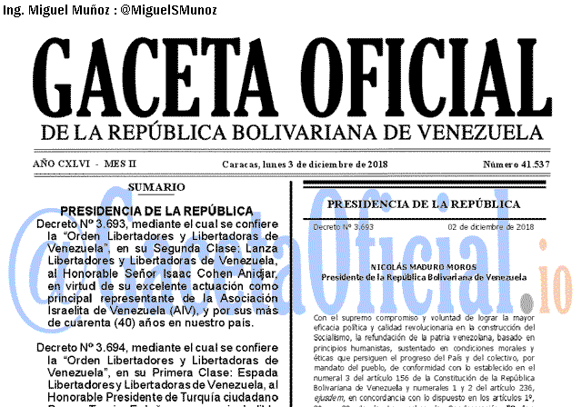 Gaceta Oficial 41537 del 3 Diciembre 2018