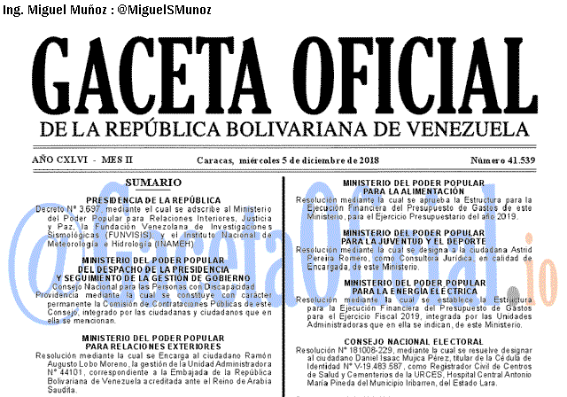 Gaceta Oficial 41539 del 5 Diciembre 2018