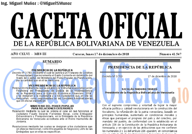 Gaceta Oficial 41547 del 17 Diciembre 2018