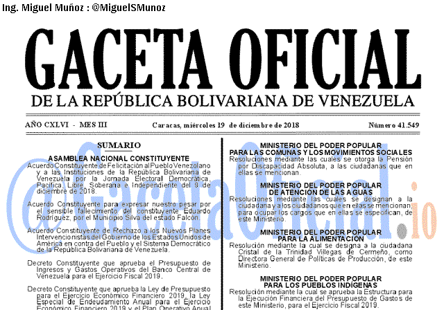 Gaceta Oficial 41549 del 19 Diciembre 2018