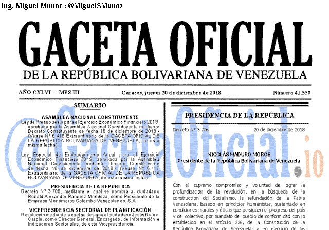 Gaceta Oficial 41550 del 20 Diciembre 2018