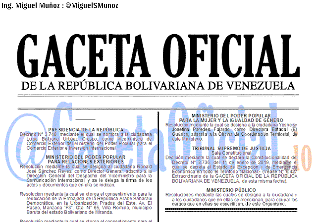 Gaceta Oficial 41574 del 29 Enero 2019 Gaceta Oficial 41574 del 29 Enero 2019
