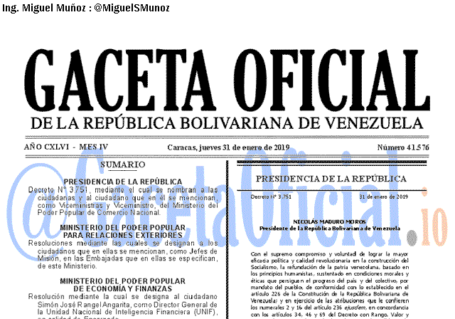 Gaceta Oficial 41576 del 31 Enero 2019 Gaceta Oficial 41576 del 31 Enero 2019