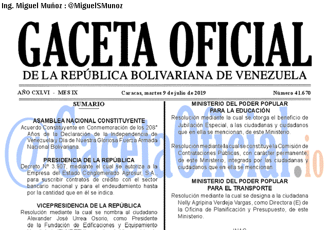 Gaceta Oficial 41670 del 9 Julio 2019 Gaceta Oficial 41670 del 9 Julio 2019
