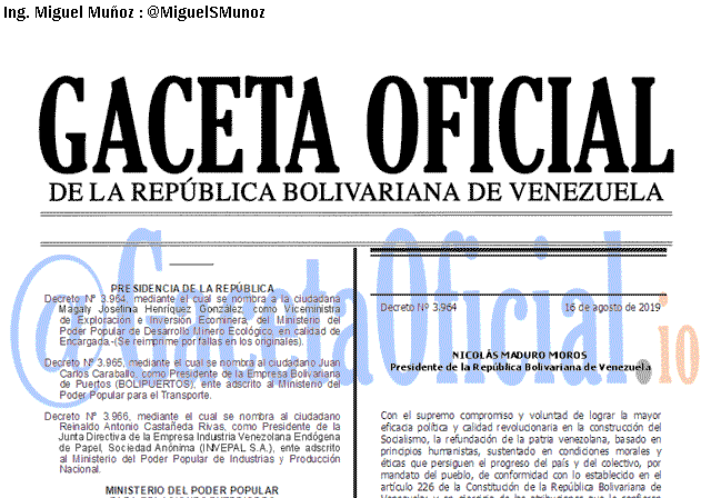 Gaceta Oficial 41697 del 19 agosto 2019 Gaceta Oficial 41697 del 17 agosto 2019