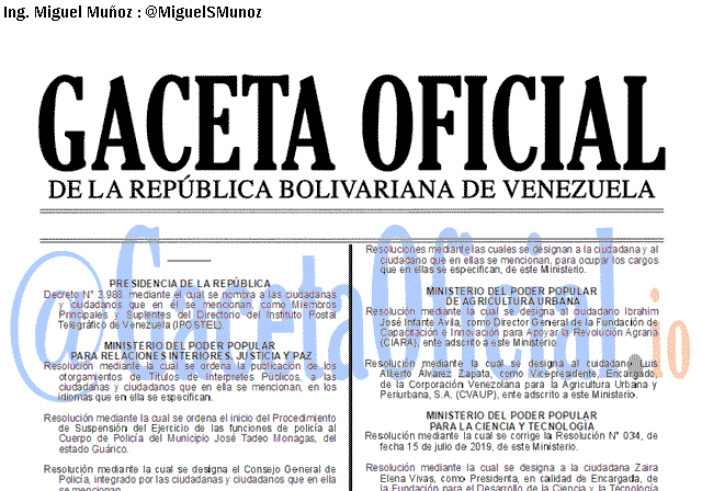 Gaceta Oficial 41719 del 18 septiembre 2019 Gaceta Oficial 41719 del 18 septiembre 2019