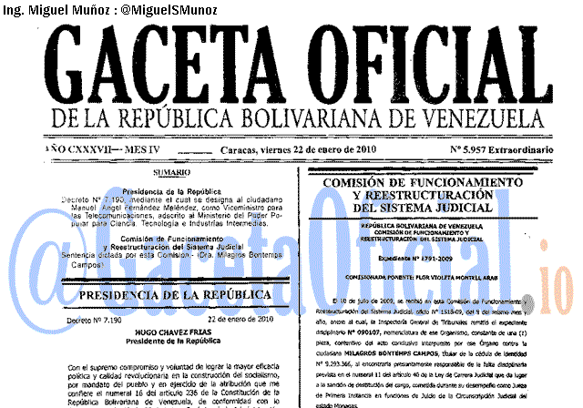 Gaceta Oficial 5957 del 22 Enero 2010