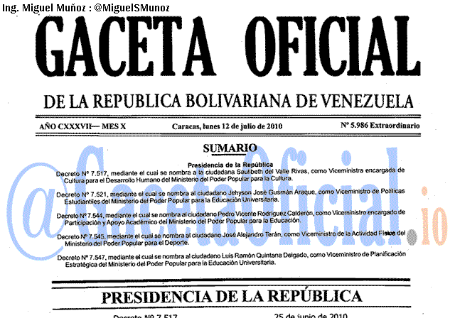 Gaceta Oficial 5986 del 12 Julio 2010