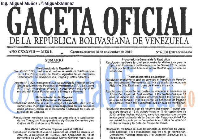 Gaceta Oficial 6000 del 16 Noviembre 2010