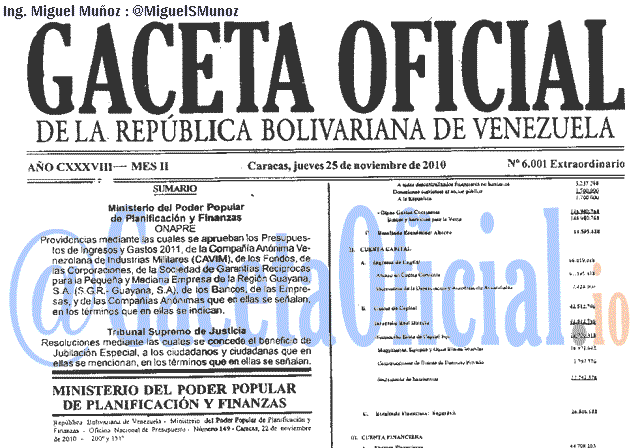 Gaceta Oficial 6001 del 25 Noviembre 2010