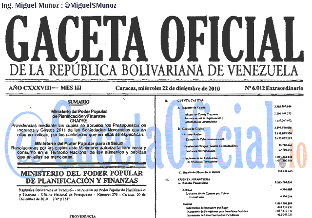Gaceta Oficial 6012 del 22 Diciembre 2010