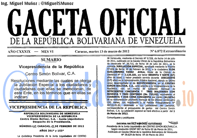 Gaceta Oficial 6072 del 13 Marzo 2012