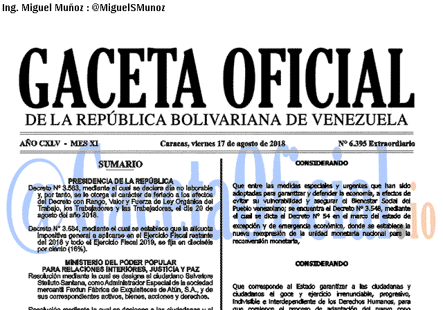 Gaceta Oficial 6395 del 17 Agosto 2018