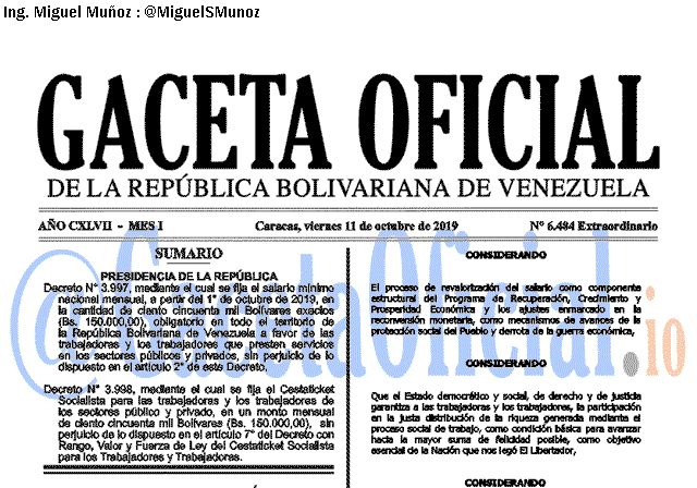 Gaceta Oficial 6484 del 11 Octubre 2019 Gaceta Oficial 6484 del 11 Octubre 2019
