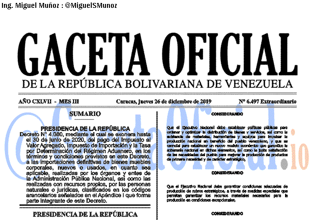 Gaceta Oficial 6497 del 26 Diciembre 2019 Gaceta Oficial 6497 del 26 Diciembre 2019