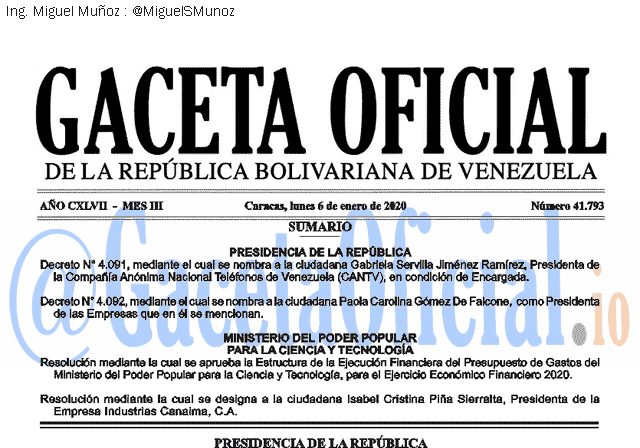 Gaceta Oficial 41793 del 6 Enero 2020 Gaceta Oficial 41793 del 6 Enero 2020