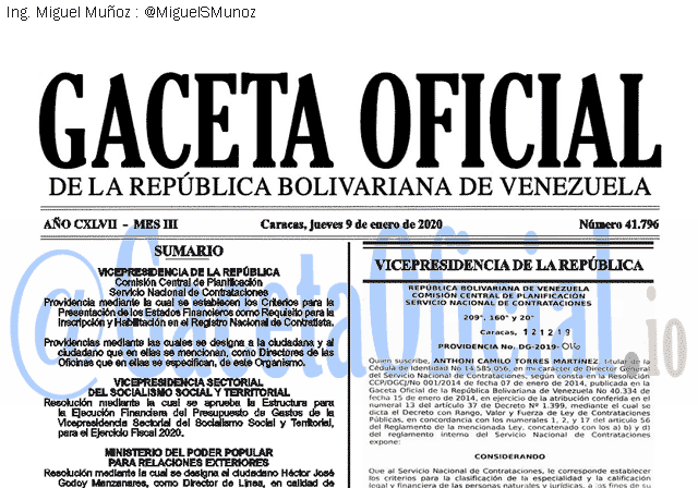 Gaceta Oficial 41796 del 9 Enero 2020