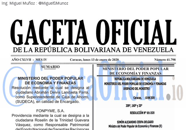 Gaceta Oficial 41798 del 13 Enero 2020