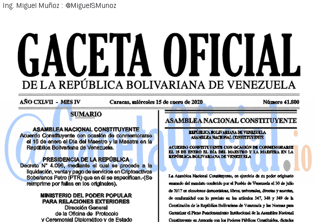 Gaceta Oficial 41800 del 15 Enero 2020 Gaceta Oficial 41800 del 15 Enero 2020