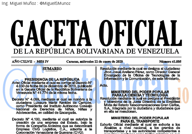 Gaceta Oficial 41805 del 22 Enero 2020