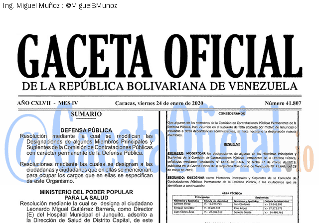 Gaceta Oficial 41807 del 24 Enero 2020 Gaceta Oficial 41807 del 24 Enero 2020