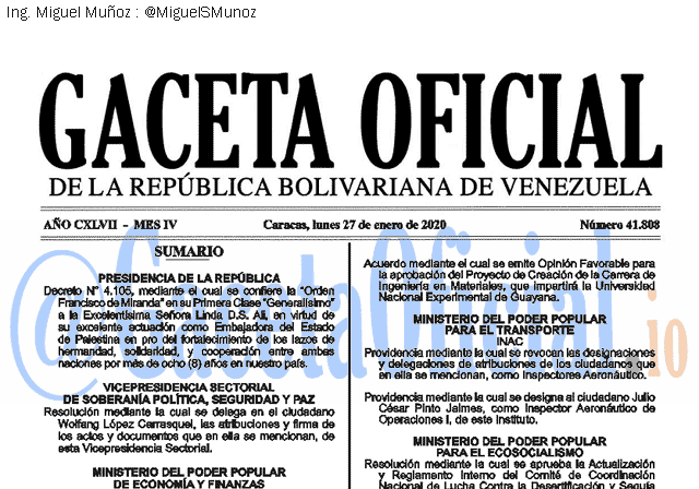 Gaceta Oficial 41808 del 27 Enero 2020 Gaceta Oficial 41808 del 27 Enero 2020