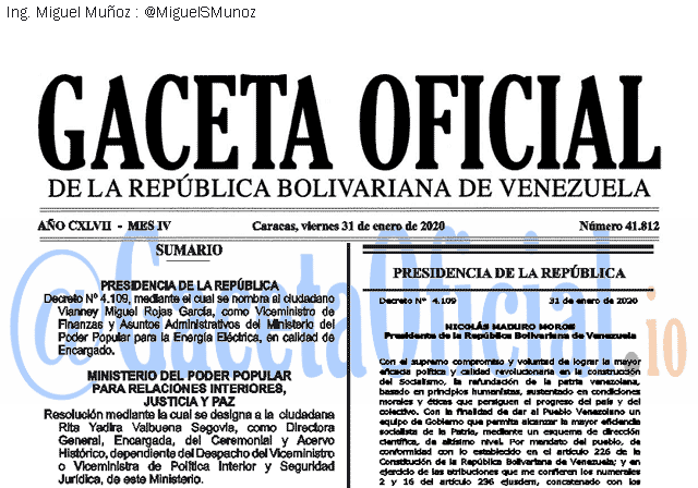 Gaceta Oficial 41812 del 31 Enero 2020 Gaceta Oficial 41812 del 31 Enero 2020