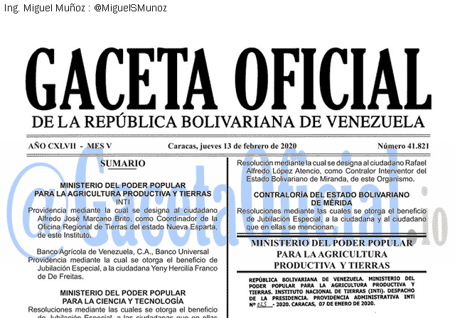 Gaceta Oficial 41821 del 13 febrero 2020 Gaceta Oficial 41821 del 13 febrero 2020